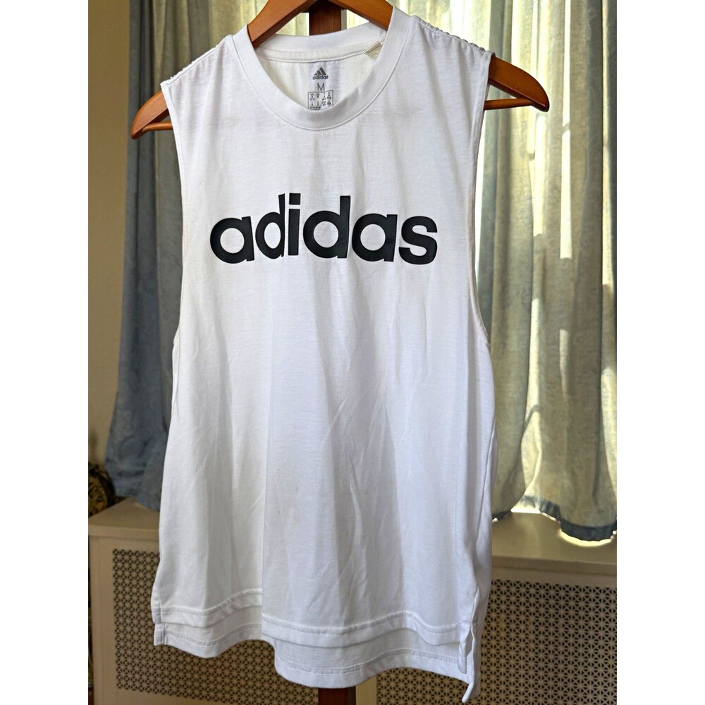 adidas Men's White Cotton Logo Tank Top, Crew Neck Activewear, Size M